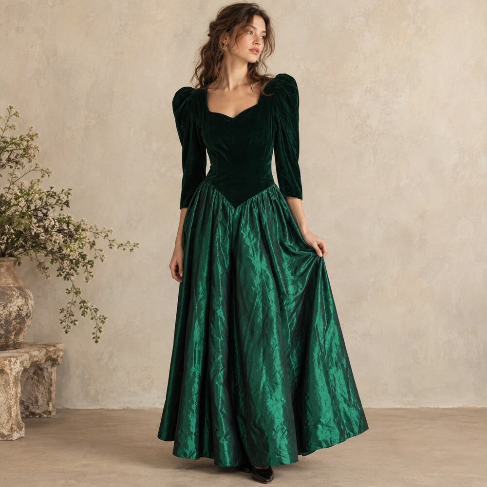 Vintage 80s 90s Emerald Velvet Taffeta Gown Puff Sleeve Dress M